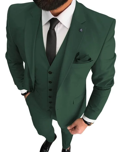 

New Dark Green Men's Suit 3 Pieces Formal Business Notch Lapel Tuxedos Slim Fit Groomsmen Suit Set (Jacket+Vest+Pant)