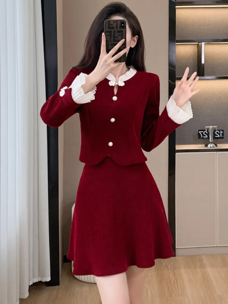 Y2K Sweet Corduroy Skirt Suit Модный новый лоскутный расклешенный топ с длинными рукавами +