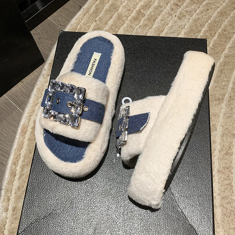 

Шлепанцы женские с блестящими кристаллами, меховые сланцы, домашние тапочки 2024, модная роскошная дизайнерская женская обувь из флока