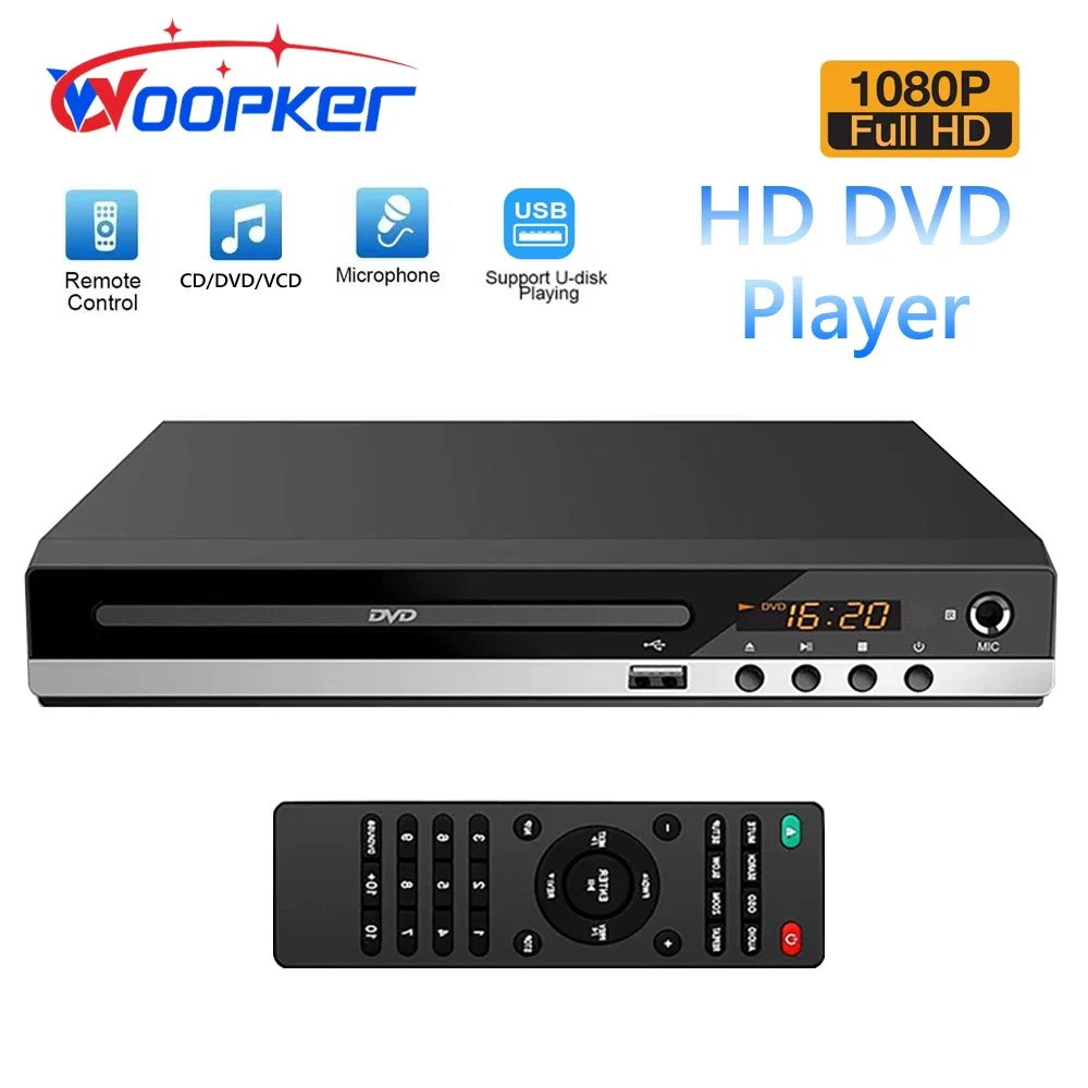 

Woopker B29 HD 1080p CD/EVD/VCD DVD-плеер с AV и HD-выходами Домашний цифровой медиаплеер с USB-портами и микрофонными портами