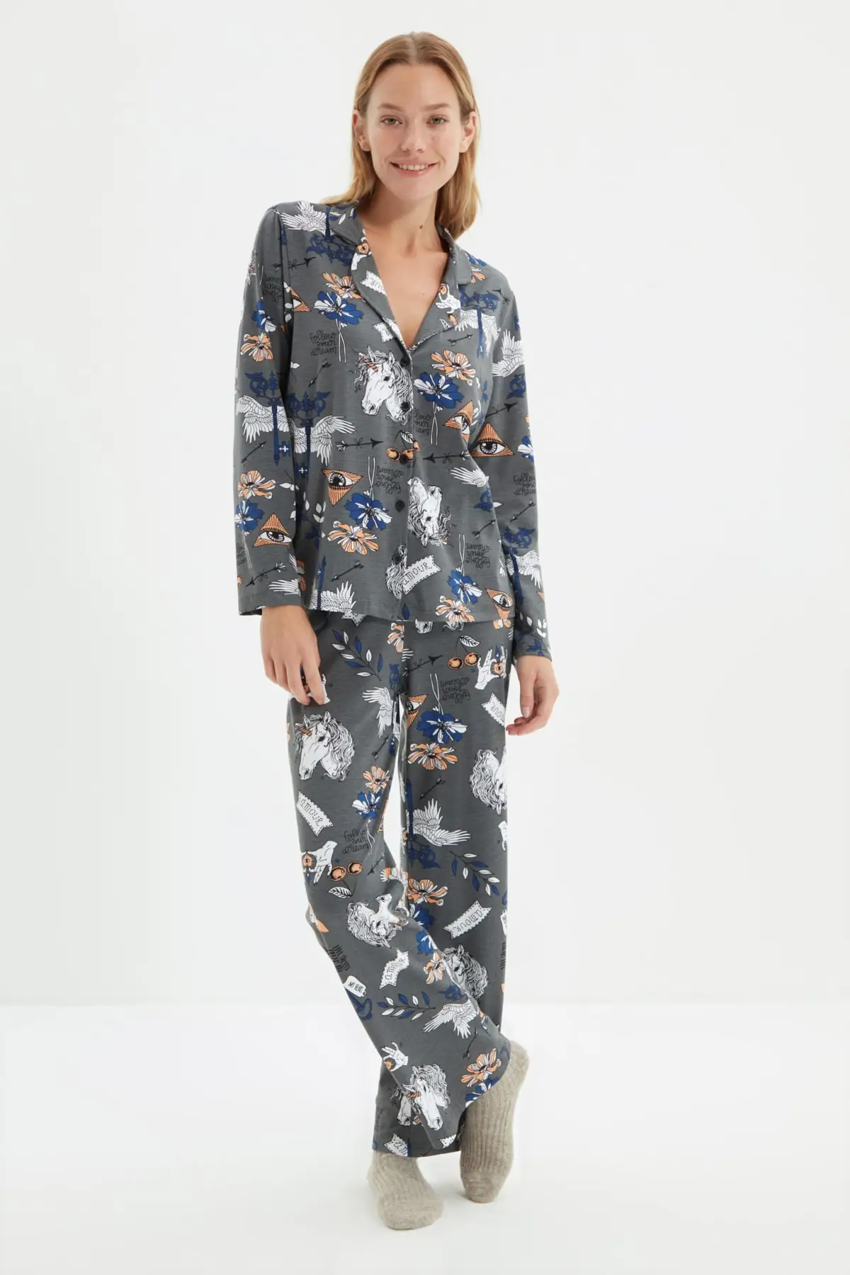 

Black Patterned Knitted Cotton Shirt Collar Long Sleeve Nightwear Pajamas set
