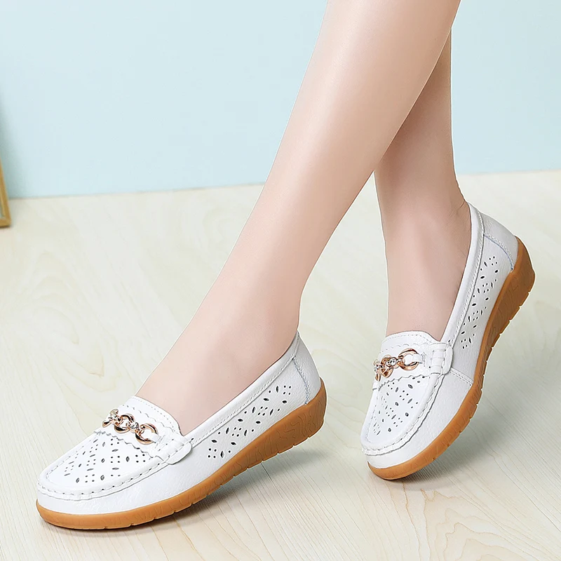 

Summer Women Casual Shoes Leather Ladies Breathable Flats Shoes Cut Out Women's Loafer Office Slip-on Moccasins Plus Size 35-42