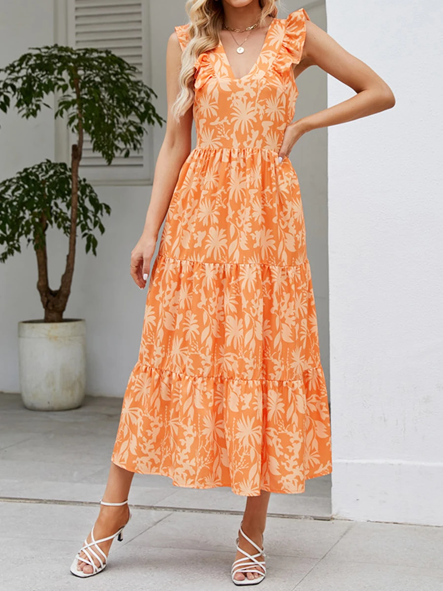 

fashion vintage womens boho dress Summer Casual Orange Sleeveless V Neck Bohemian Floral Long Dresses robe femme