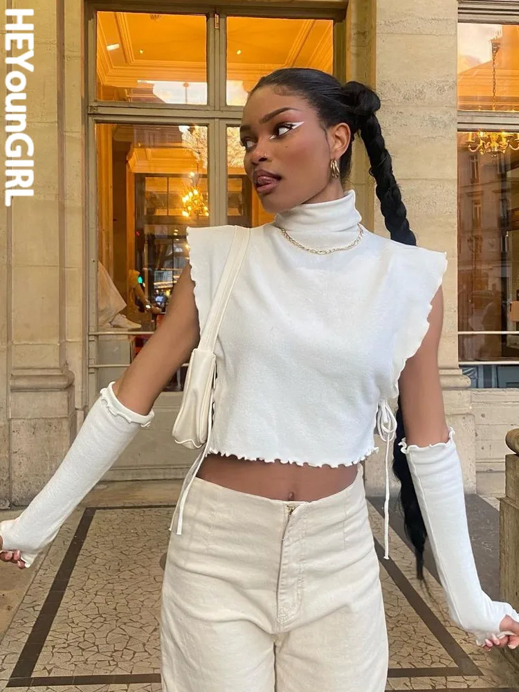 

HEYounGIRL White Crop Top Knit Turtleneck Sleeveless Vest Tee With Gloves Streetwear Basic Stylish Casual Lady Tank Top Harajuku
