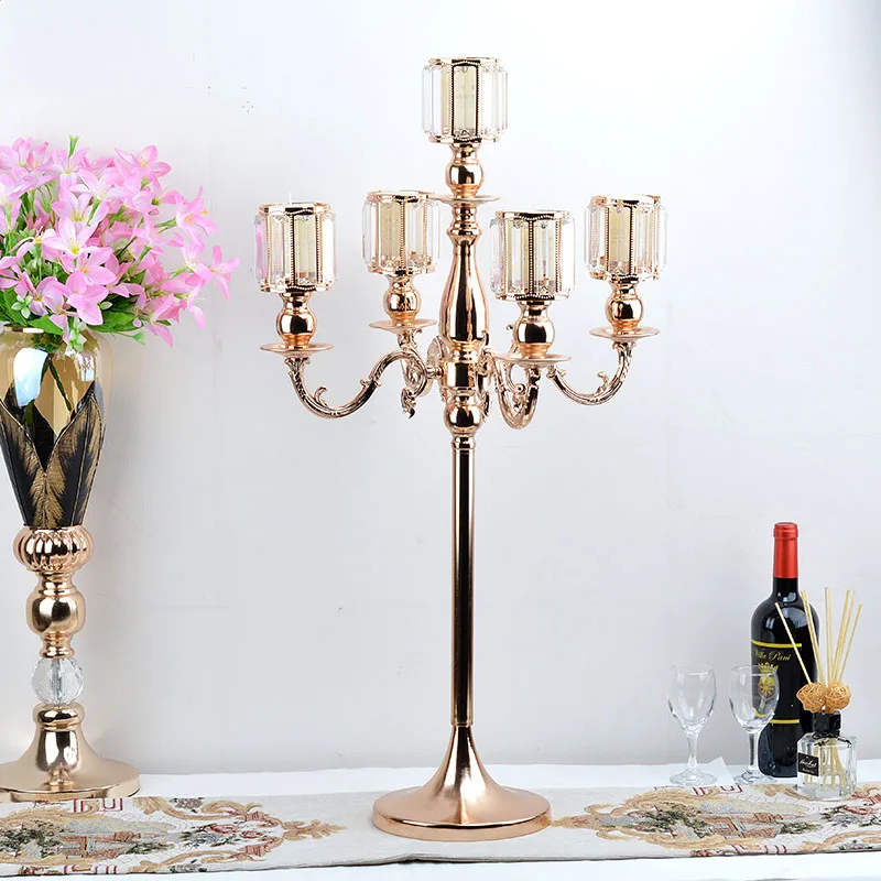 

Metal Candelabra Crystal Candle Holders 5 Arms Candlestick Wedding Table Centerpiece Pillar Stand Road Lead For Party Home Decor