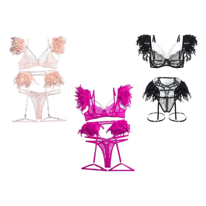 

Комплект женского эротического нижнего белья из 3 предметов с подвязками и перьями