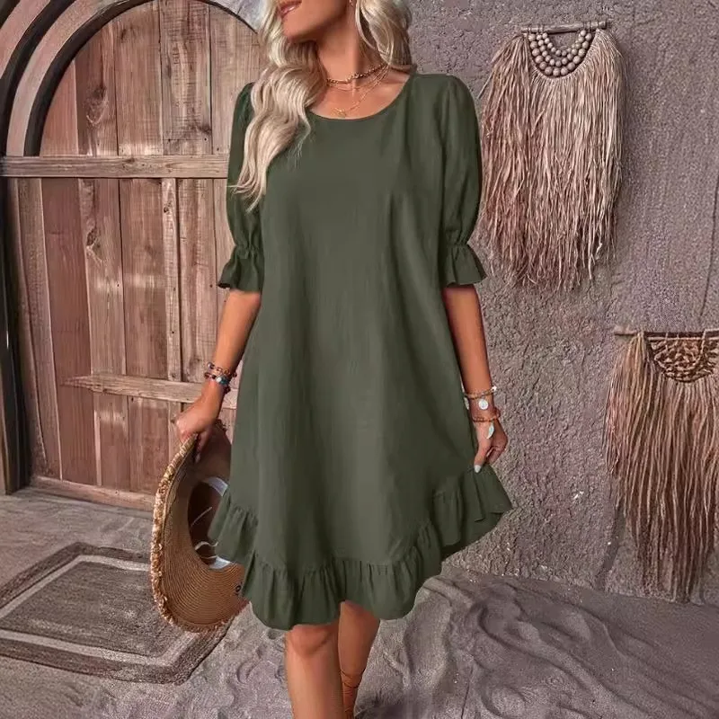 Женское ретро хлопковое и льняное платье со средними рукавами круглым вырезом