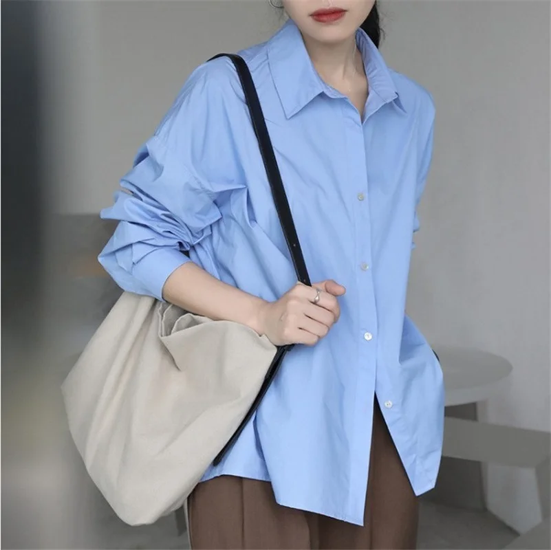 

Blue Shirts for Women Long Sleeve Loose Fashion Women's Blouse 2022 Spring Polo neck Button Up Cotton Solid Casual Womens Shirts