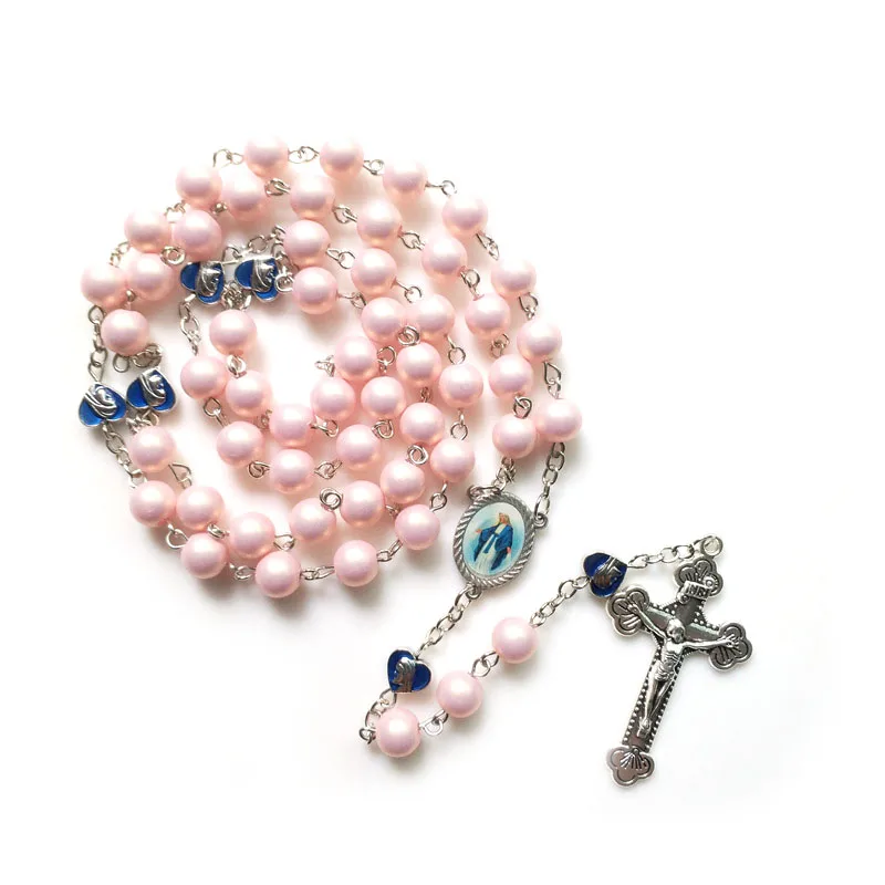 Длинные розовые акриловые бусины, католическое ожерелье для женщин, молитвенные украшения