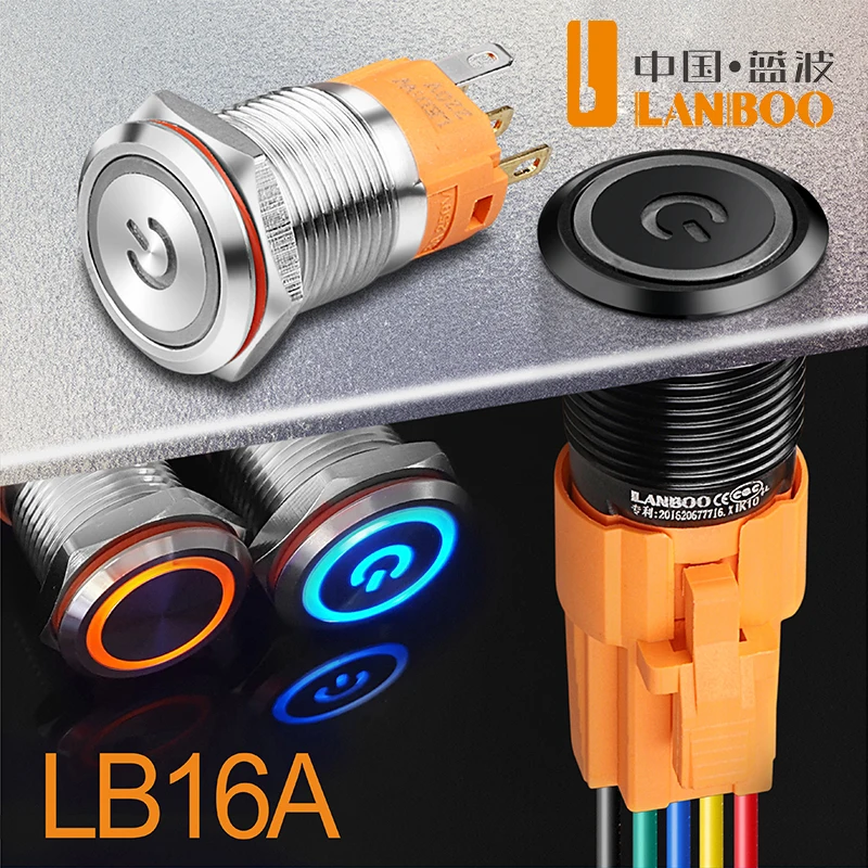 Фото Кнопка-переключатель LANBOO 16 мм металлическая с LED-индикатором (символ питания), мгновенного действия/фиксации, 12/24/220В, водонепроницаемая №5