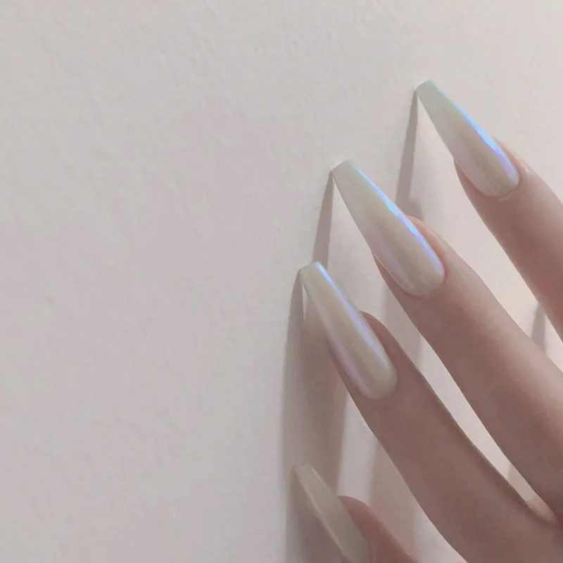 

Press on Fake Nails with Designs Pearl White Full Cover Stiletto Nail French Ballerina Wearable Tips Nails Coffin Nail Art