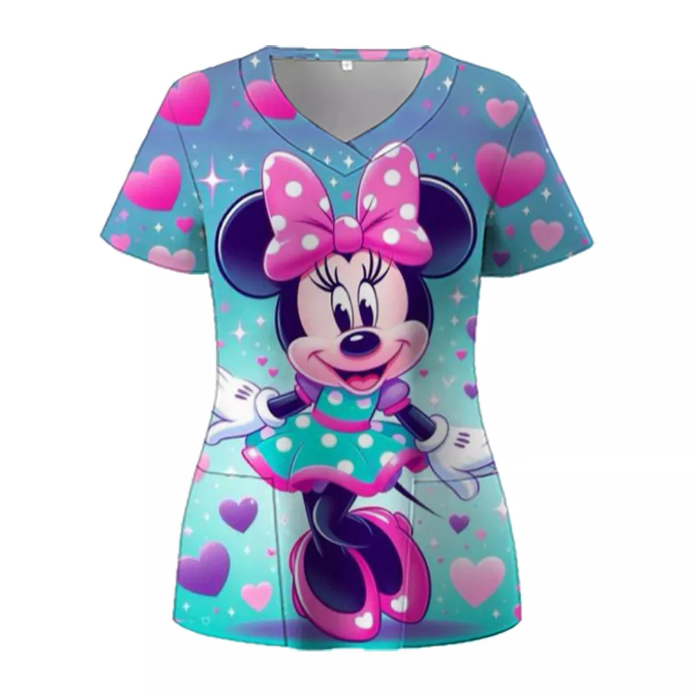 Disney Mickey Mouse Print Nurse Uniform Cute Minnie 3D V-Neck Pocket Medical Uniforms cartoon Nursing Scrubs Uniforme