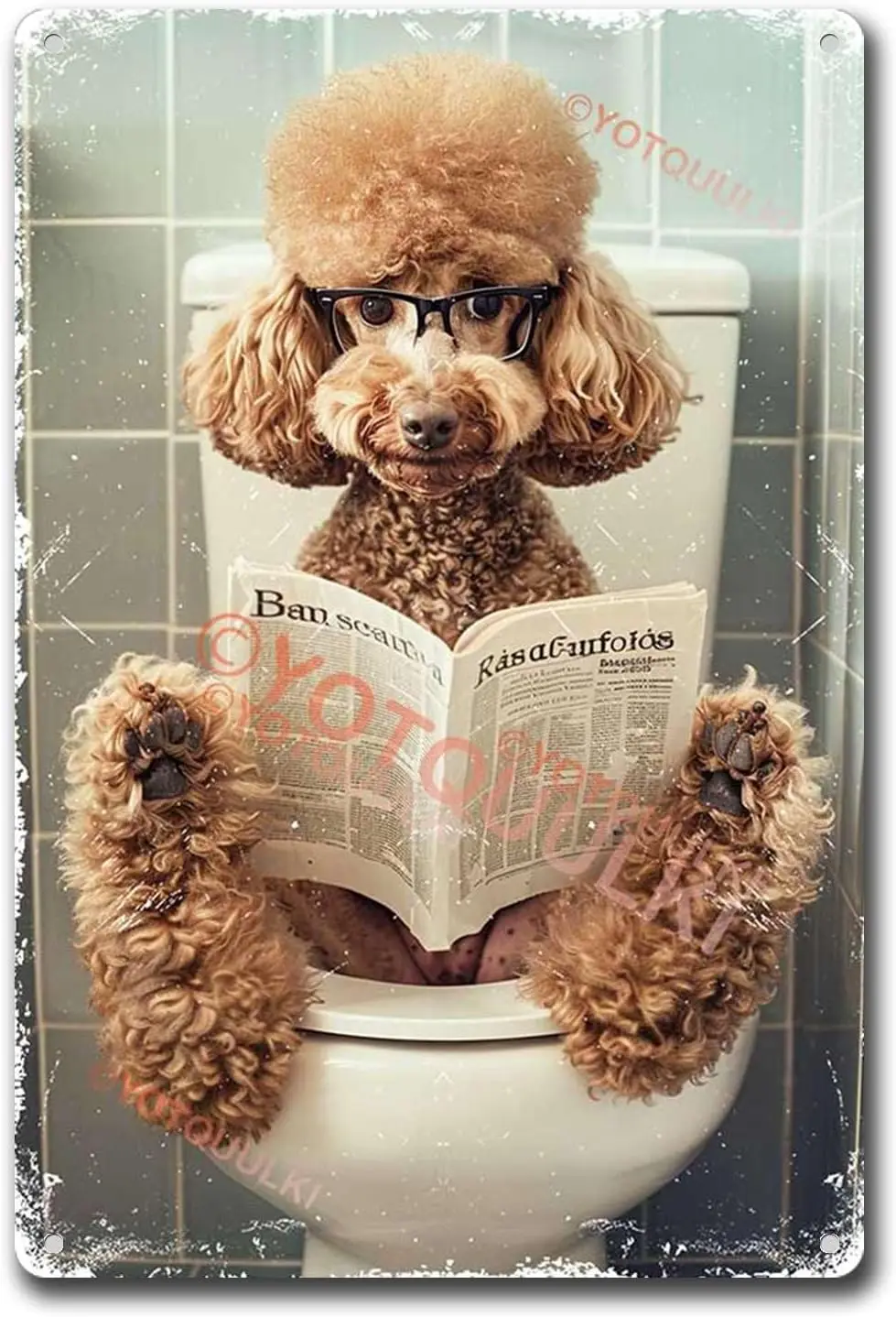 Vntge Metl Sgn Poodles Redng Newspper Unny Lumnum Tn Wll rt Декор 8 00 x 12 дюймов