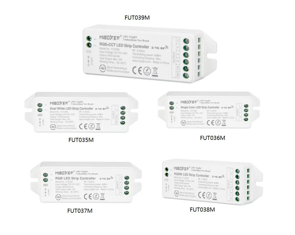 

Miboxer Dc12-24v 2.4ghz Fut035 Color Temperature Fut036 Single Color Fut037 Rgb Fut038 Rgbw Fut039 Rgbcct Led Strip Controller