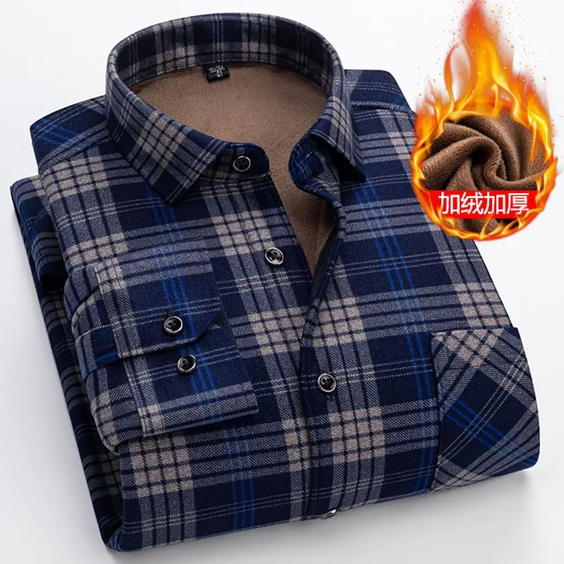 2022 New Korean Men's Warm and Thickened Shirt+fashionable Casual Autumn and Winter Middle-aged and Old Men's Large Shirt