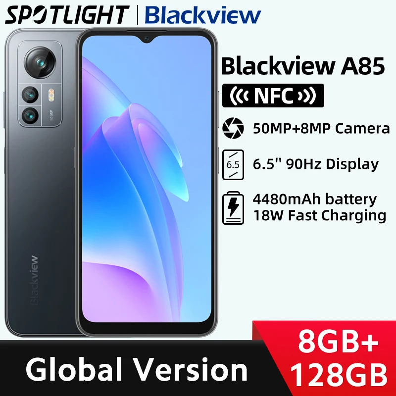 【World Premiere】 Blackview A85 Global Version 8GB 128GB 6.5'' HD+ 90Hz Display 50MP Camera 4480 mAh Battery NFC Smartphone