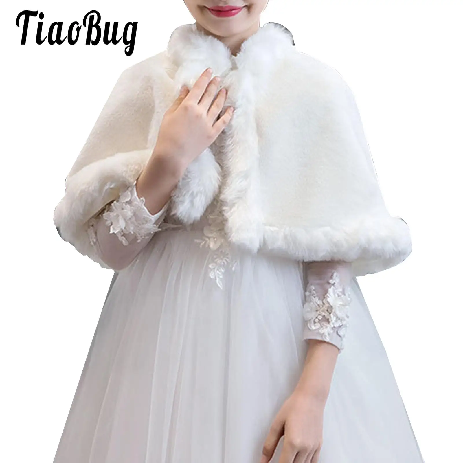

White Kids Girl Faux Fur Bolero Shrug Shawl Wedding Wraps Shoulder Dress Cape Winter Ball Gown Flower Girl Cover up Top