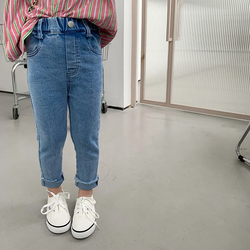 

2022 fashion Girls slim all-match denim pants Kids elastic casual skinny jeans