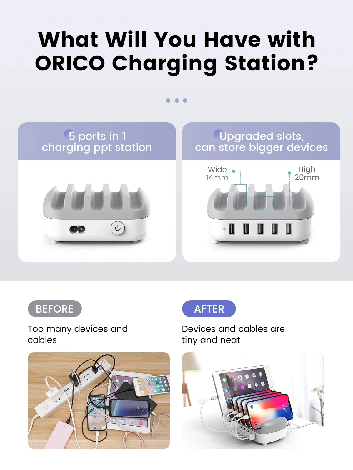 Фото Зарядная док-станция ORICO с 5 портами USB, зарядное устройство с несколькими разъемами, адаптер питания с 5 портами USB A для iPhone, Samsung, Xiaomi, планшетов №5