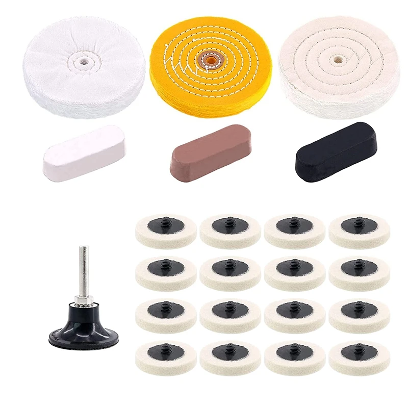 

20Pcs 2 Inch Compressed Wool Fabric Disc With 3 Colors Polishing Compounds And 6Pcs 6 Inch Buffing Polishing Wheels