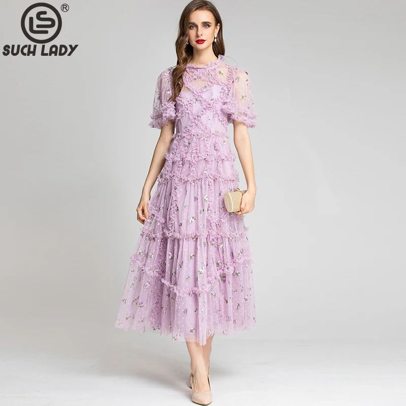 Women's Runway Dresses O Neck Short Sleeves Embroidery Ruffles Printed Elegant Long Party Evening Prom Gown