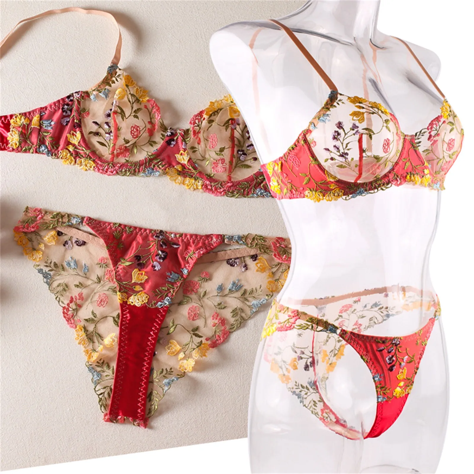 

2023 Sexy Lingerie Transparent G String Thing Flowers Lace Bra Set Lingerie Women Intimates Sleepwear Female Underwear