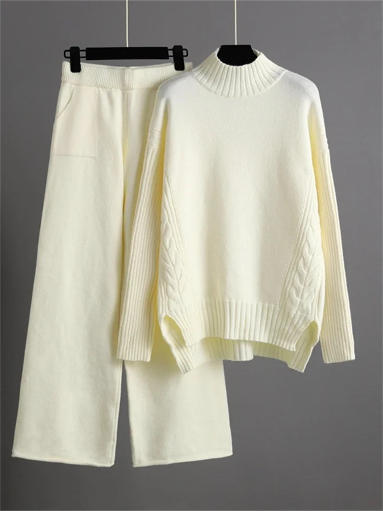 

Women Knitted Sweater Sets Autumn Winter Turtleneck Pullover and Wide Leg Pants Casual Split Thick Warm Two Piece Set Women