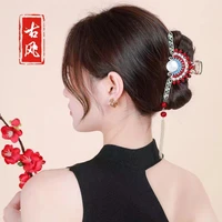 hanfu enamel red peacock screen hair clip chinese style pearl tassel metal geometric shark clip female elegant retro headwear