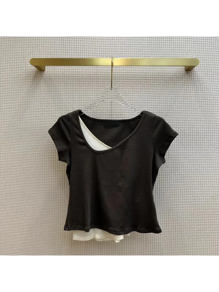 

New Women's short T-shirt Irregular contrasting color stitching T-shirt Fake two-piece design Super thin for female