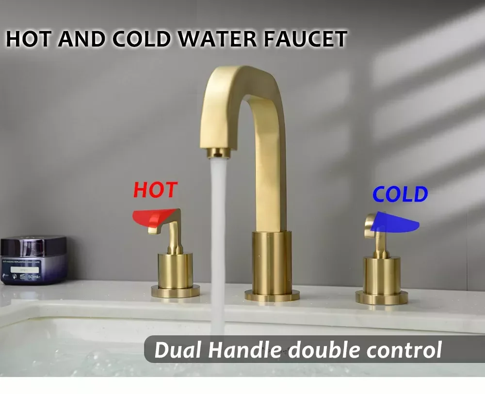 

Three-hole Mixer Hot Cold Water Taps Brushed Gold Brass Deck Mounted Bathroom Above Counter Basin Faucet Dual Holder