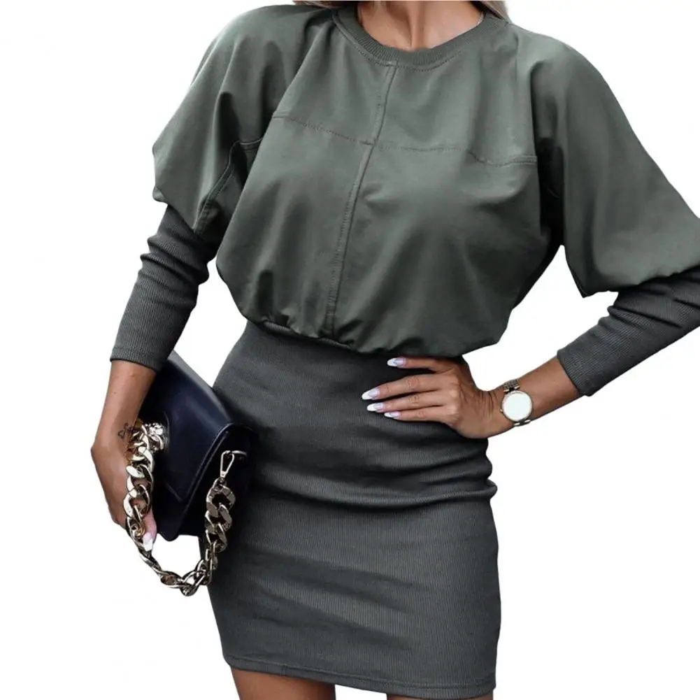 

Women Dress Long Sleeves Office Hip Wrap Dress Crew Neck Clothing Party