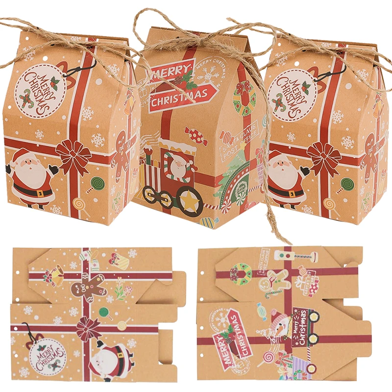 

1/20Pcs Merry Christmas Kraft Paper Cookie Candy Gift Boxes Cartoon House Santa Claus Bag Xmas Party Decoration Navidad New Year
