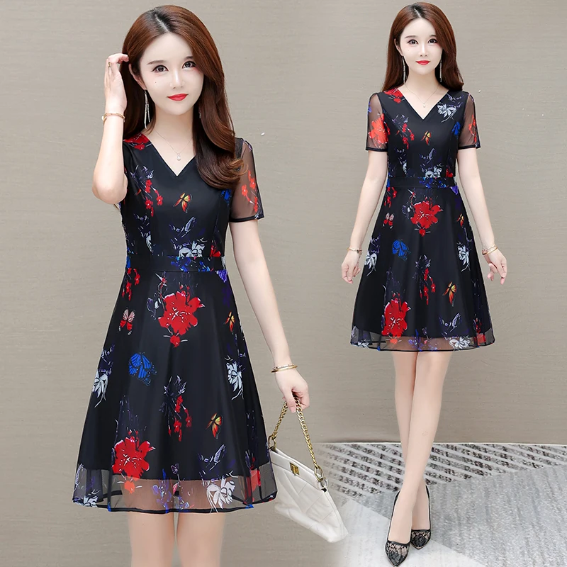 

Summer Women Dress Floral Print Short Sleeve V-Neck Loose Chiffon Dress Casual Knee-Length Midi Dress Female Party Vestidos