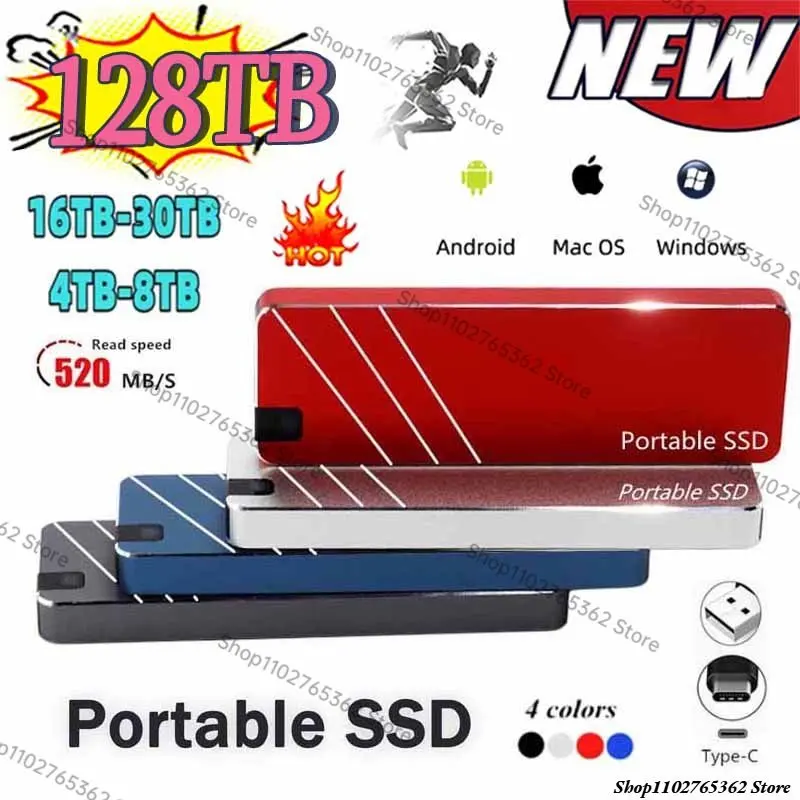 64TB Original Portable SSD Type-C/USB3.1 External Mobile Solid State Drive High Speed 4TB 8TB 16TB Hard Drive Laptop Hard Drive