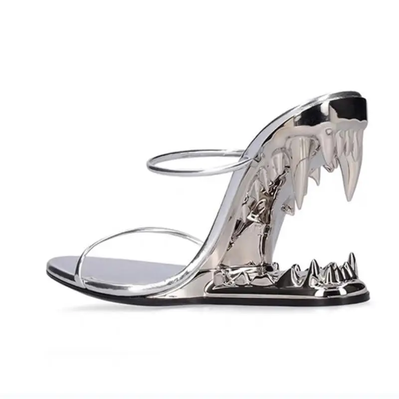 

2023 Summer New Metal Tooth Wedges Sandals High-heeled Fashion Shows Sexy Women's Shoes Slippers Gold Silver Black Pink Big Size