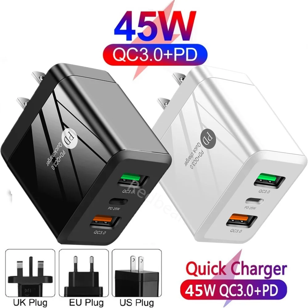 

100pcs Quick Charge 3.0 Dual USB PD Charger 45W QC4.0 QC3.0 USB Type C Fast Charger for iPhone 13 12 Xs Xiaomi Phone PD Charger