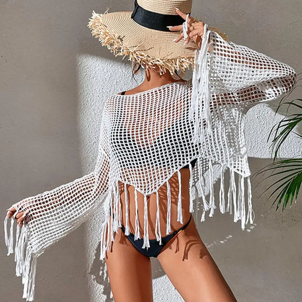 

Skin-touching Sexy Crochet Knitted See-Through Net Sunscreen Blouse Thin Beach Cover Up Pullover Female Clothing