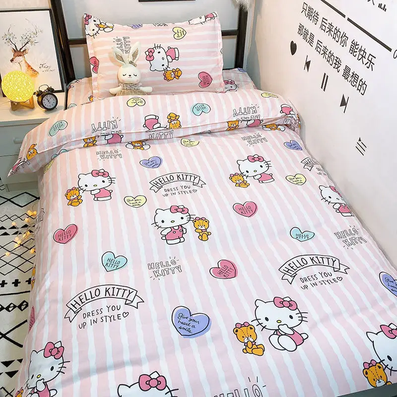 Sanrio Hello Kitty Cotton Bedding Set Cute Double Flat Sheet Duvet Cover Pillowcase Bed Linens Girl Dorm Bedclothes Home Textile