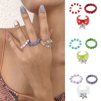 3pcs flower vintage colorful acetate resin pearl rings sweet temperament round finger rings women girls delicate jewelry gift
