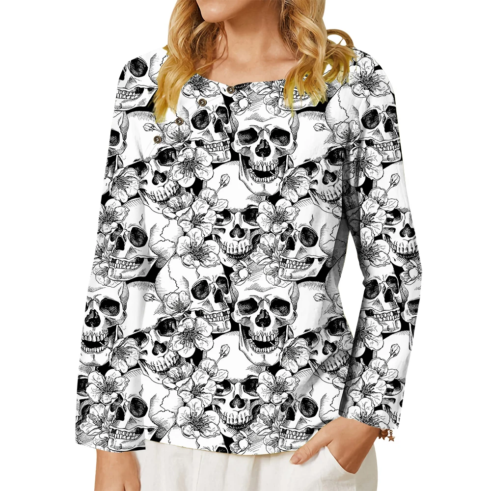 

CLOOCL Women T-shirt Hawii Grey and White Skull Graphics 3D Printed Tee Button Decorate Crew Neck Long Sleeve Casual Tops