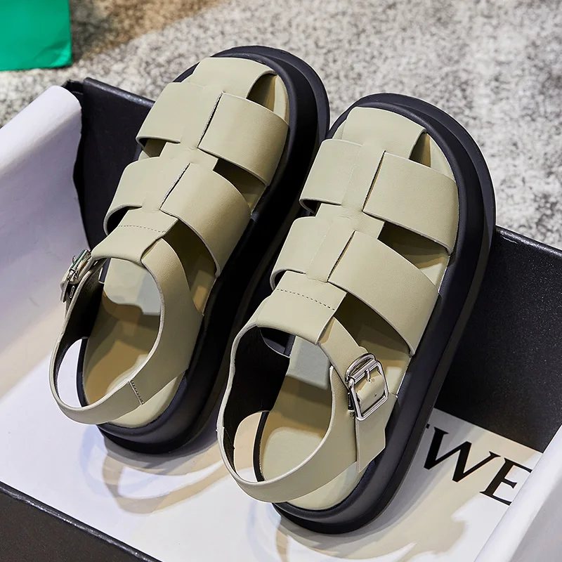 LSXJK Casual Women Sandals 2022 Summer Shoes Genuine Leather Fashion Flats Slippers Female Cut-outs Black White Beach Shoes
