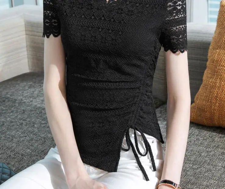

French lace shirt women's summer V-neck