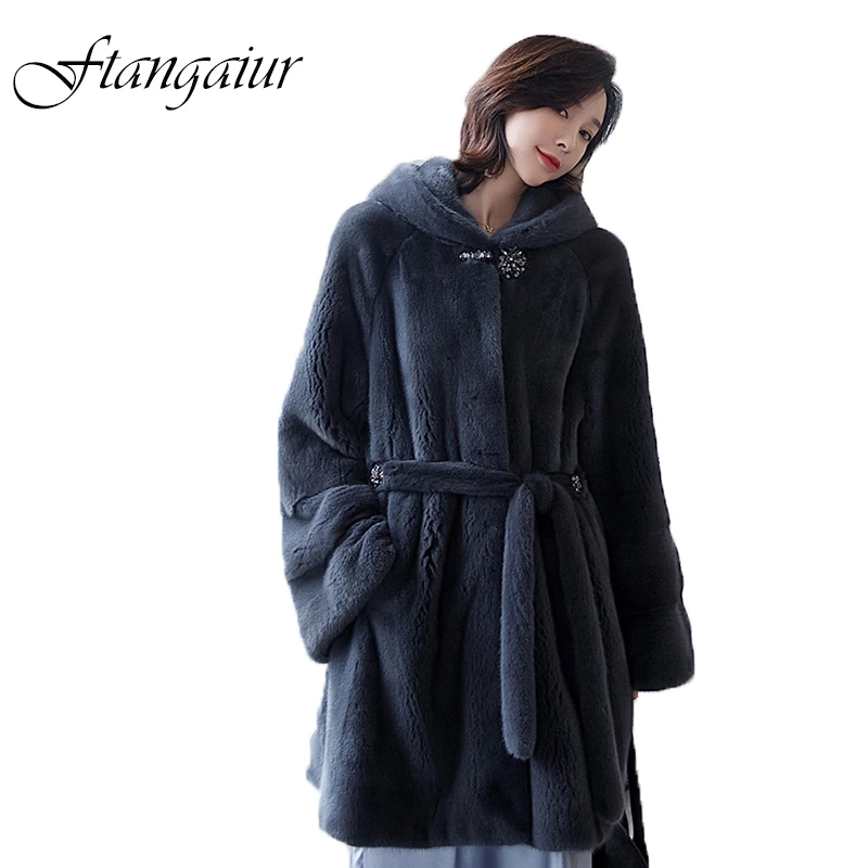 

Ftangaiur New Winter Import Purple Standard Velvet Mink Fur Coat Women With Fur Hood Sashes Medium Natural Real Mink Fur Coats