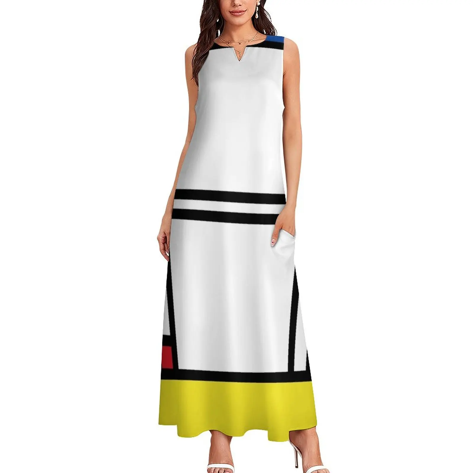 Mondrian Minimalist De Stijl Современное искусство Абстрактный дизайн Длинное платье женское