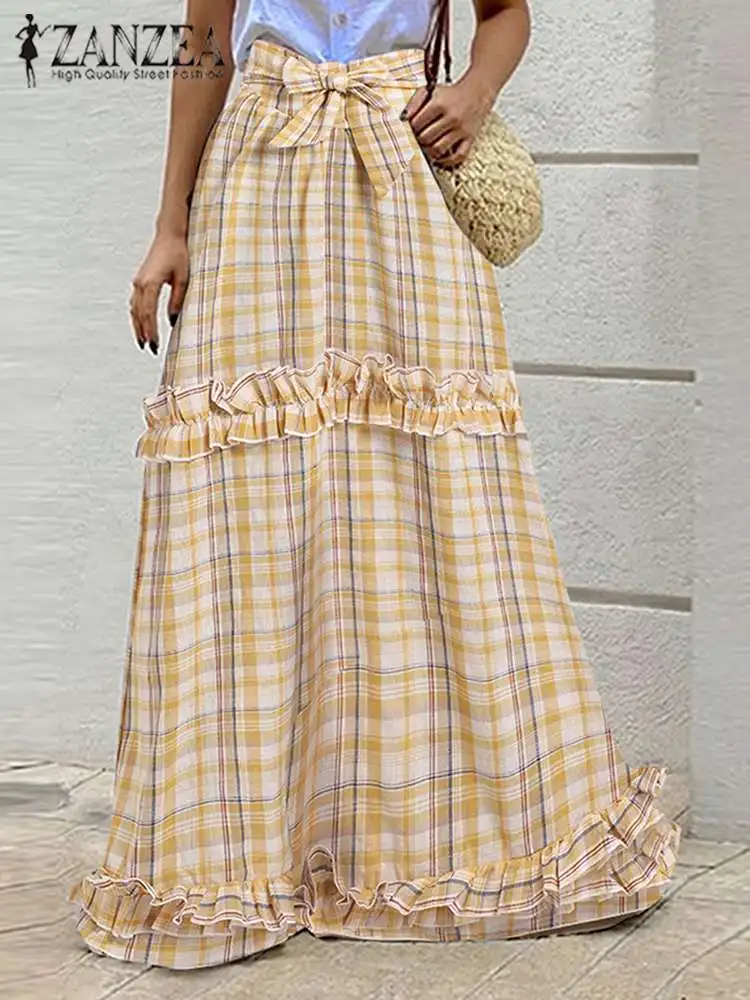

ZANZEA женские Лоскутные макси юбки модные с высокой талией бант бандаж Jupes 2022 осенние агарические плиссированные клетчатые длинные юбки Femme