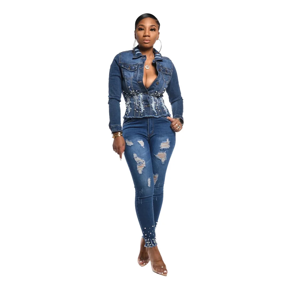 Новое зимнее женское модное однотонное джинсовое пальто с жемчугом приталенное