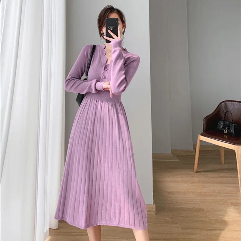 

Женское винтажное трикотажное платье средней длины, элегантное однотонное платье с длинным рукавом и V-образным вырезом в корейском ретро-стиле, Осень-зима 2022