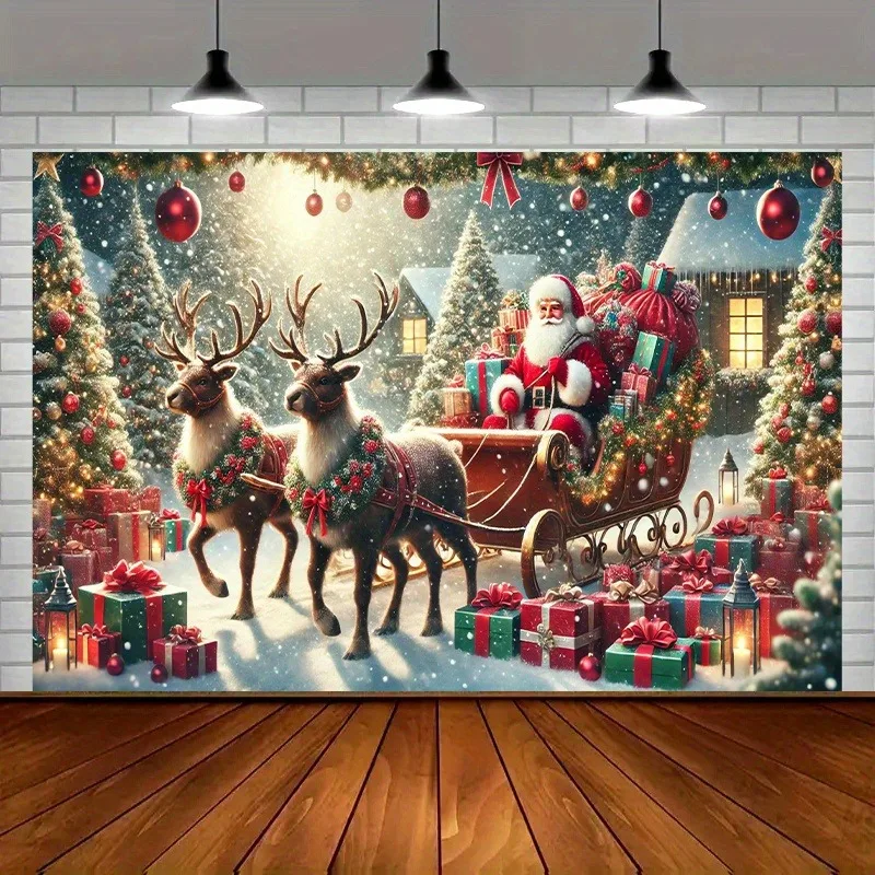 Санта-Клаус катает саней с оленями, рождественская подвесная ткань с мечтой hut и красочными подарками Фоновая ткань