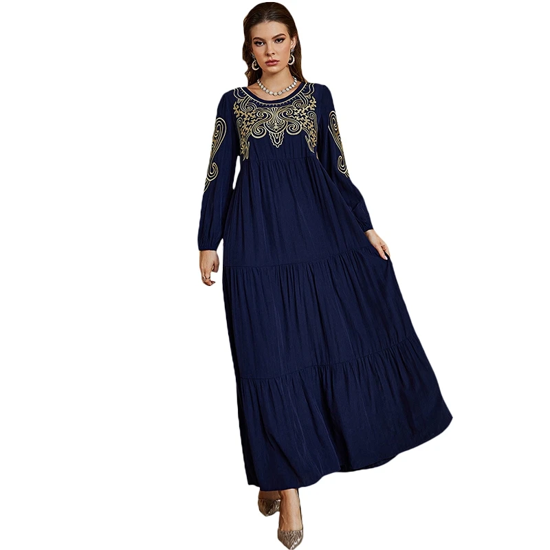 

Classic Muslim Long Sleeve Embroidered Dress Women's Temperament Vintage Multi-layer Splicing Arabic Ethnic Apparels