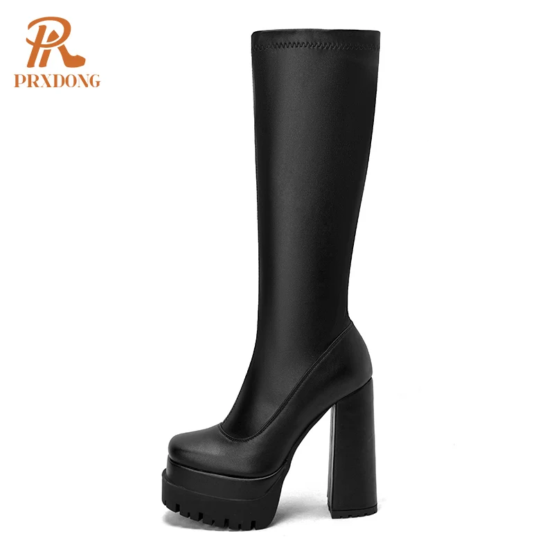 

Brand New Fashion Thick High Heels Platform Shoes Autumn Winter Warm Sexy Black Dress Party Female Knee High Boots Big Size US9